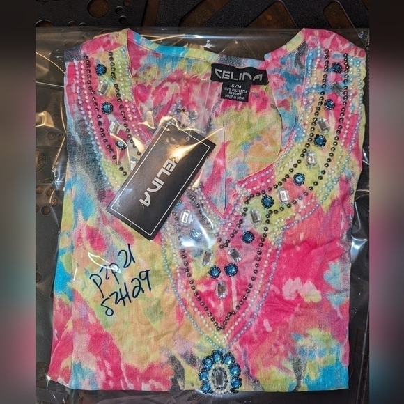 4/$15 CELINA BEADED AND RINESTONE V-NECK COLORFUL SHEER BOHO BLOUSE - Picture 4 of 5